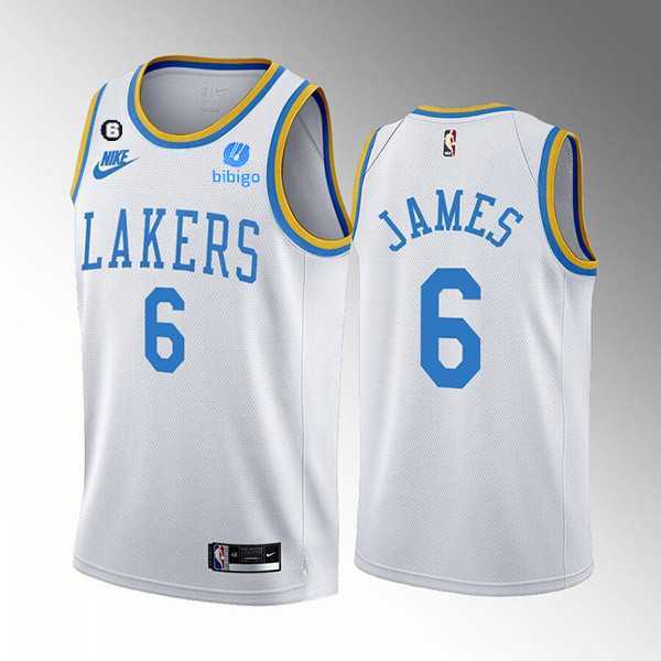 Men%27s Los Angeles Lakers #6 LeBron James 2022-23 White Classic Edition No.6 Patch Stitched Basketball Jersey Dzhi